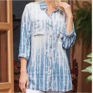 Soft Surroundings Meridian Tie Dye Chambray Tunic Shirt Button Front Size PL